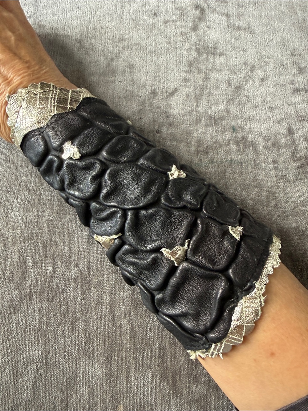 Black Leather Ruched Arm Cuff with Silver Lace Trim